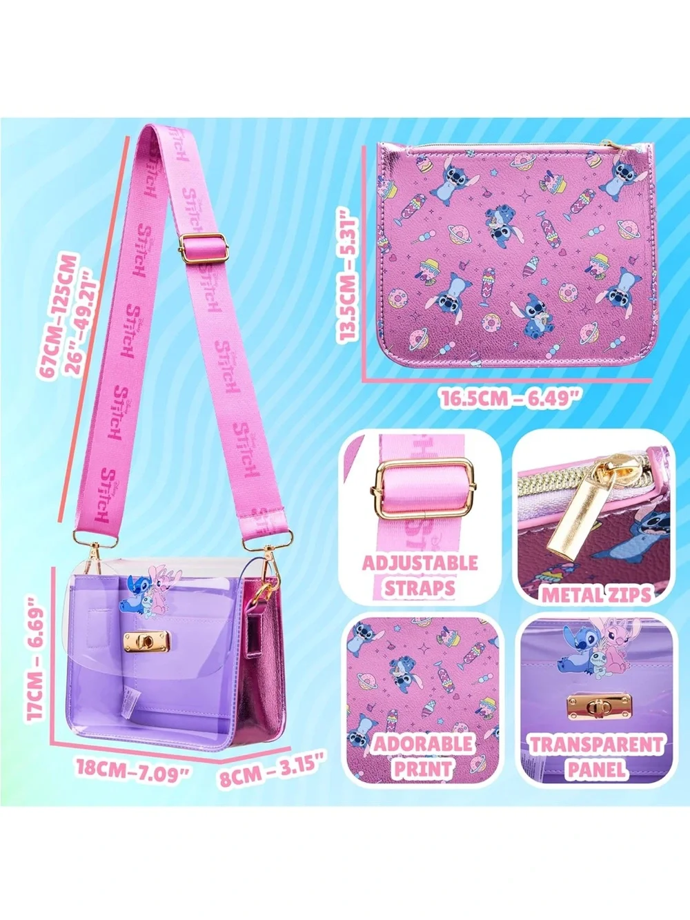 Stitch Clear Pink Crossbody Bag with Wide Strap